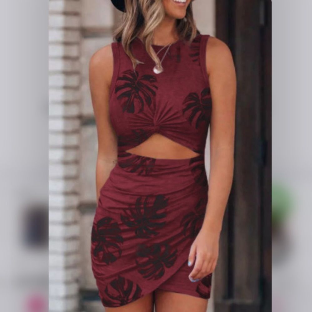 Red tropical palm leaf cutout dress